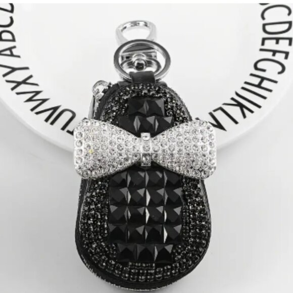 Other - New Car key case bling bow key chain storage Black Silver Purse accessory